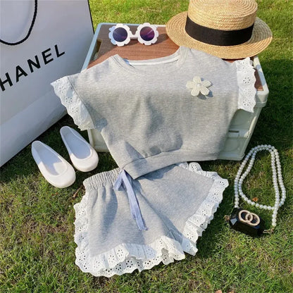 Lace Design Half Sleeves Girls Summer Casual Clothing Set childrensterritory