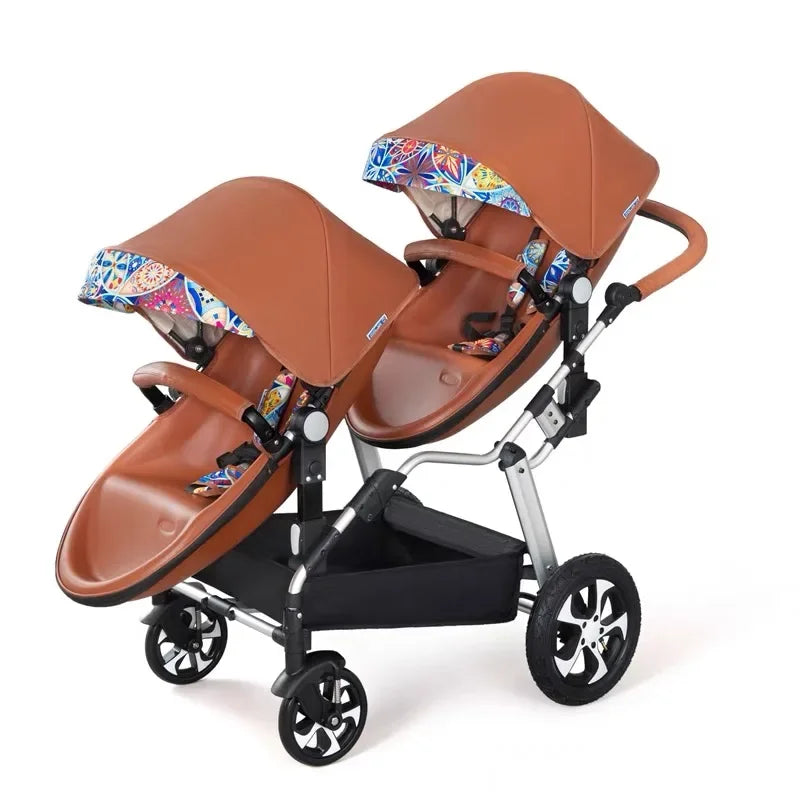 2 in-1 PU Leather Waterproof Twins Baby Stroller childrensterritory