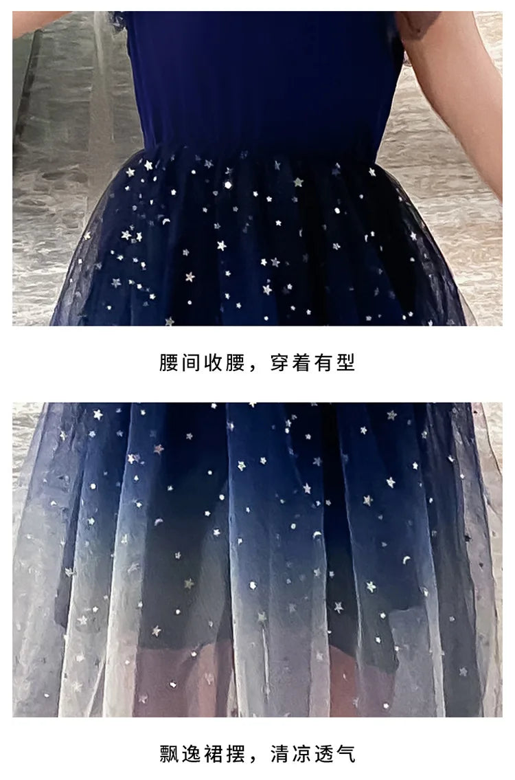 Sleeveless Mesh Lace Layers Star Design Girls Princess Dress childrensterritory