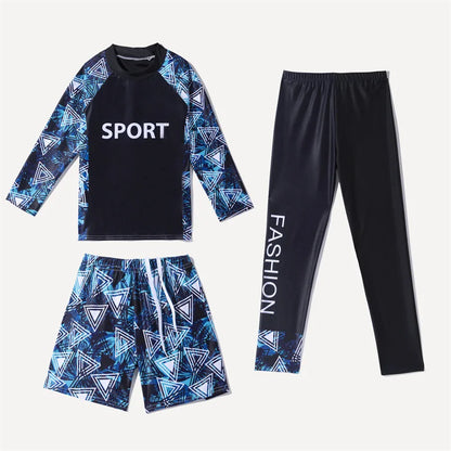 Long Sleeve Printed Sun Protection Kids 3 Piece Swimsuit