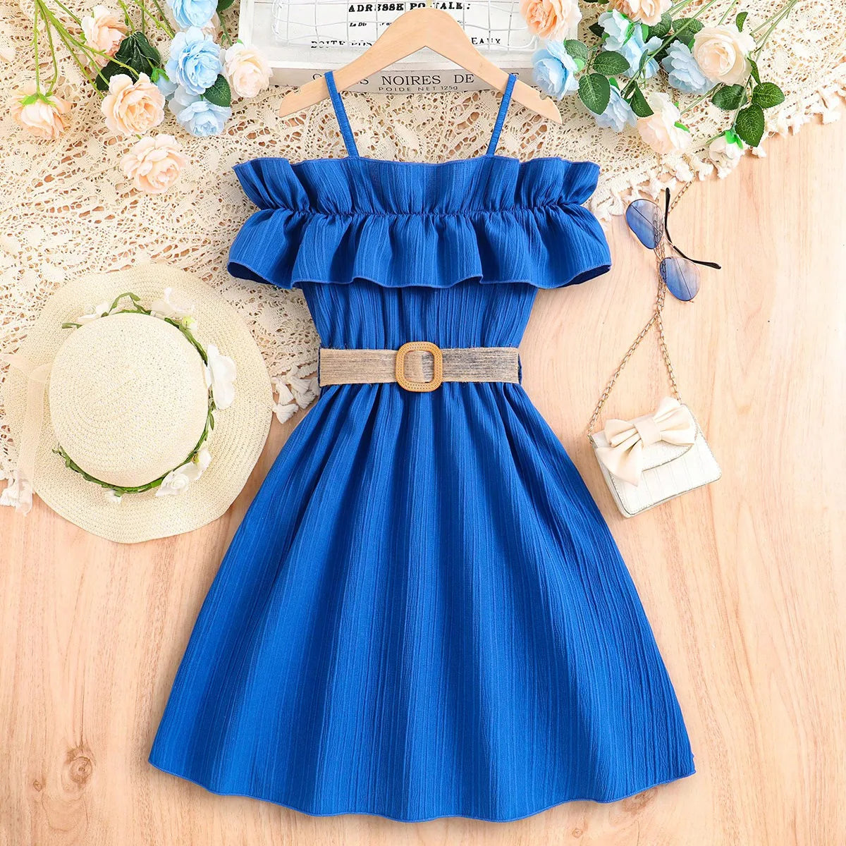 Kids Girls Off Shoulder Formal Summer Party Dresses With Belt