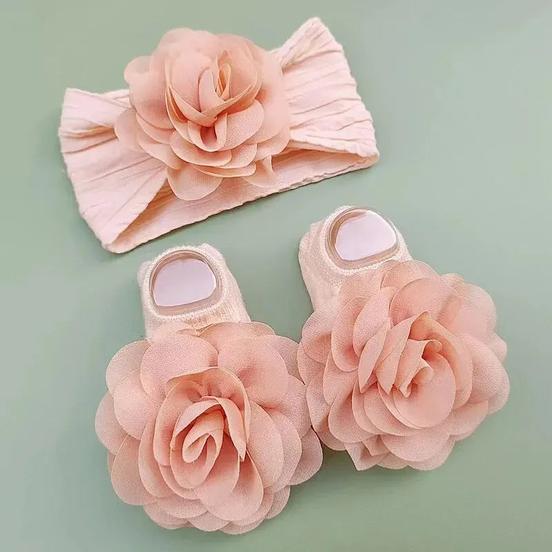 Non Slip Lace Flower Design Baby Socks+ Headbands Set childrensterritory