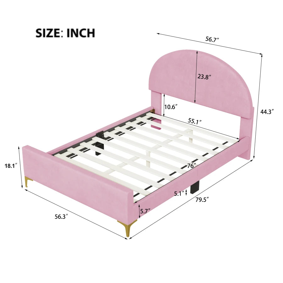 Platform Bed with Velvet Upholstery and Semi-Circular Headboard childrensterritory