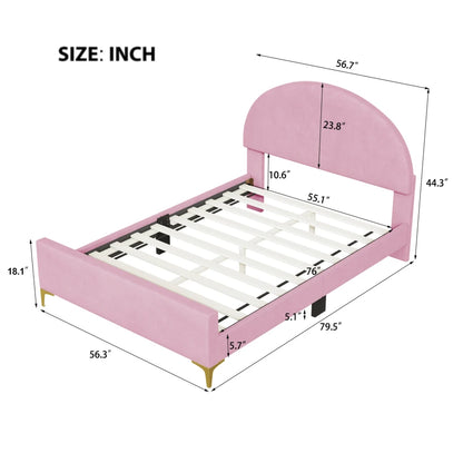 Platform Bed with Velvet Upholstery and Semi-Circular Headboard childrensterritory