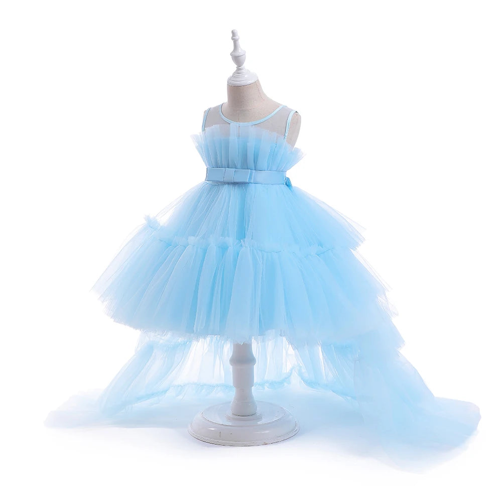 Kids Girls Formal Puffy Princess Wedding Birthday Dress with Trail