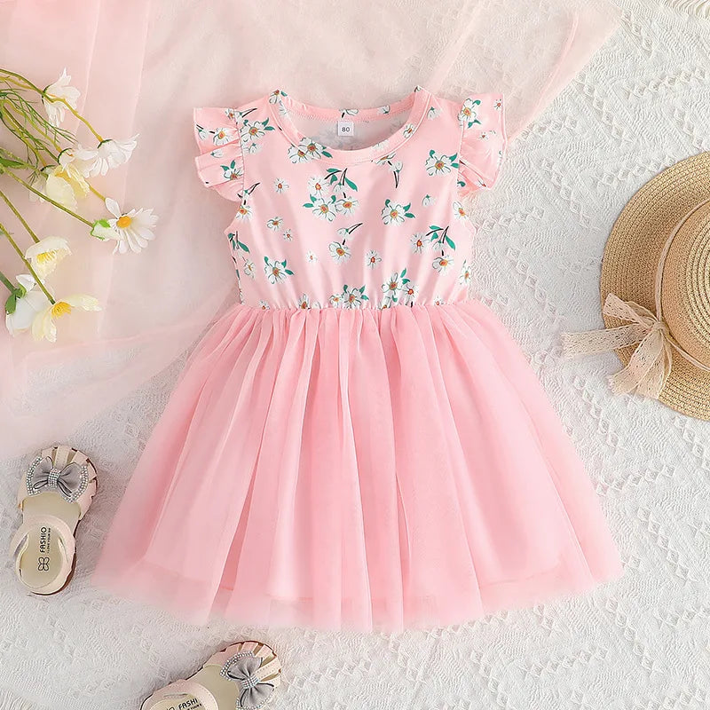 Flower Print Tulle Patchwork Kids Girls A-line Dress