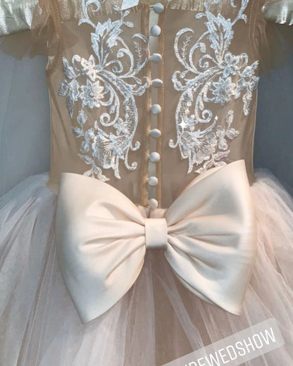 Kids Girl Long Train Floor Length Princess Ball Gown With Bow childrensterritory