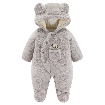 Baby Cartoon Pattern Hooded Fleece Rompers