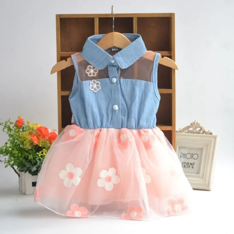 Baby Girl Flower Mesh Denim Dress for Summer childrensterritory