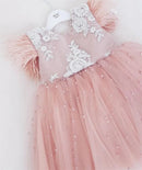 Little Girls Pink Tulle Tiered Gown for Birthday, Wedding, Baptism childrensterritory