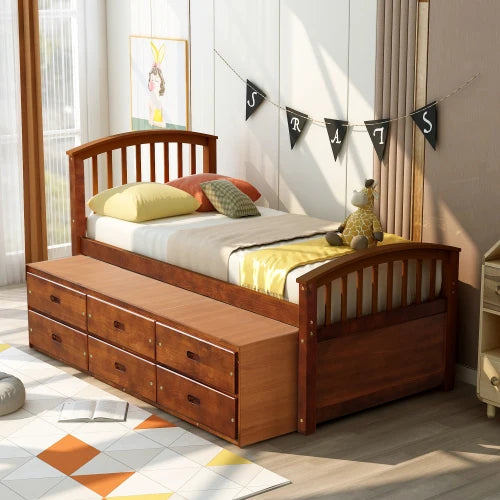 A Twin-Sized Wooden Platform Bed with Six Drawers for Storage childrensterritory