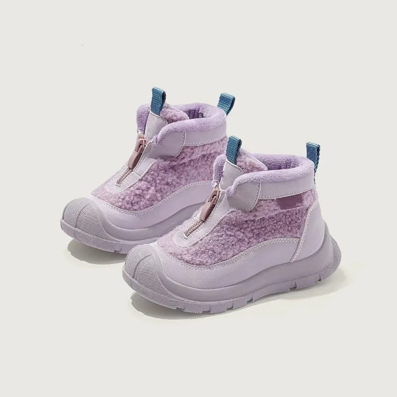 Kids Purple Black High Top Warm Furry Shoes