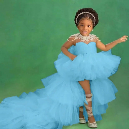 Little Girls Mint Green Tiered High-Low First Communion Gown