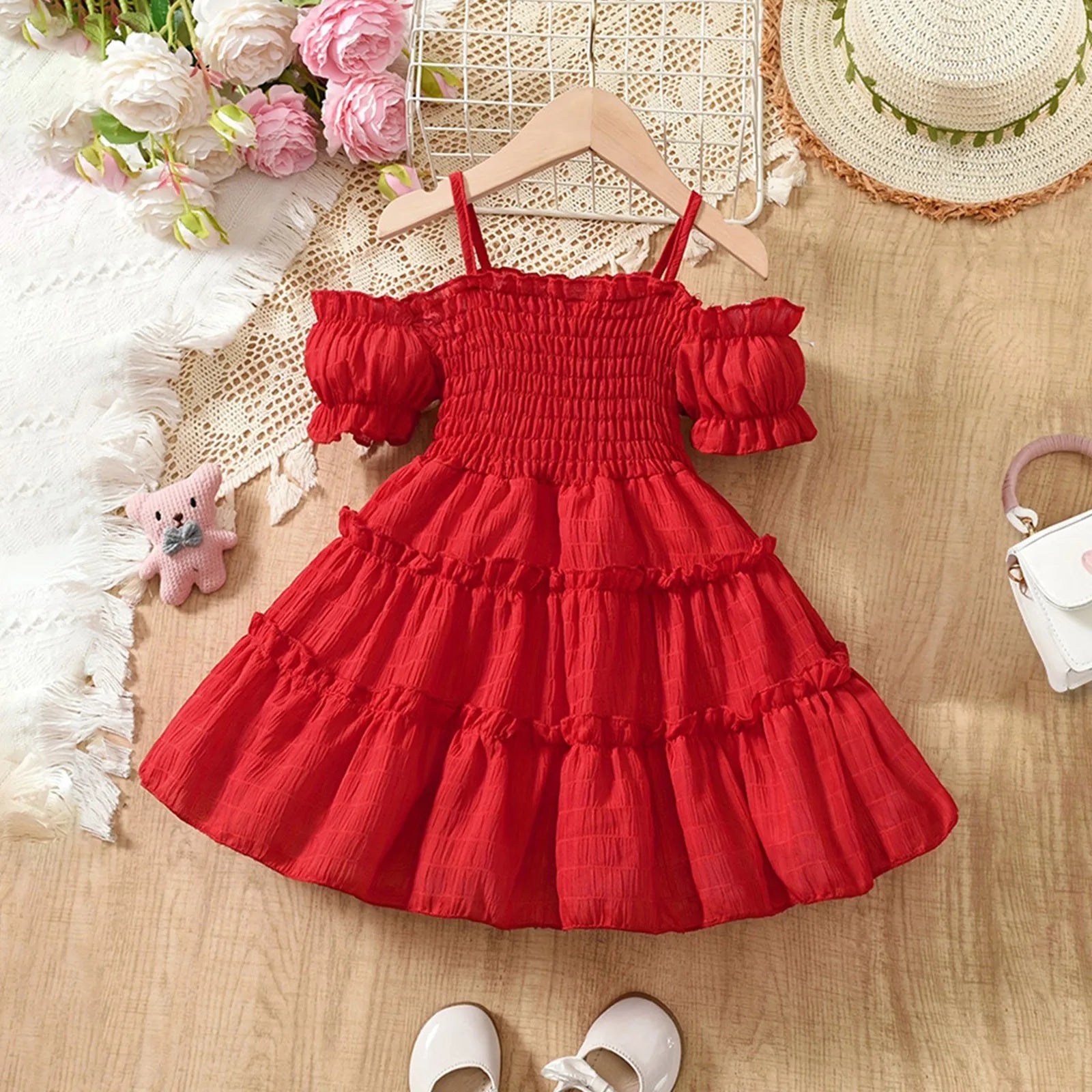 Cold Shoulder Shirred Frill Beach Party Dress for Young Girls