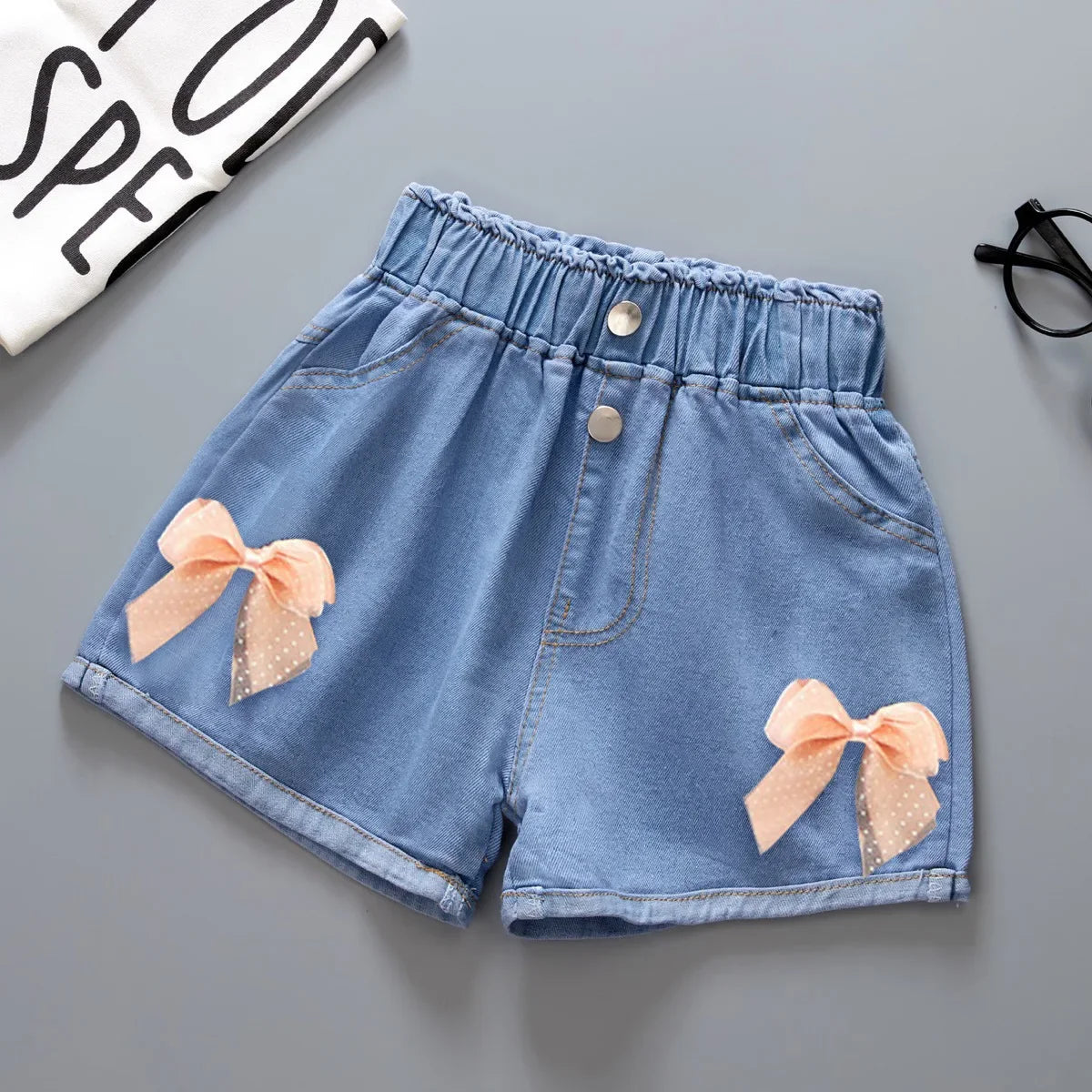 Kids Girls Korean Style Bow Design Denim Shorts and Skirts childrensterritory