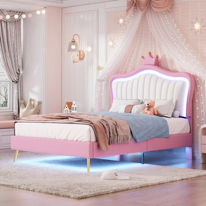 Crown Headboard Modern Upholstered Twin Size LED Princess Bed childrensterritory