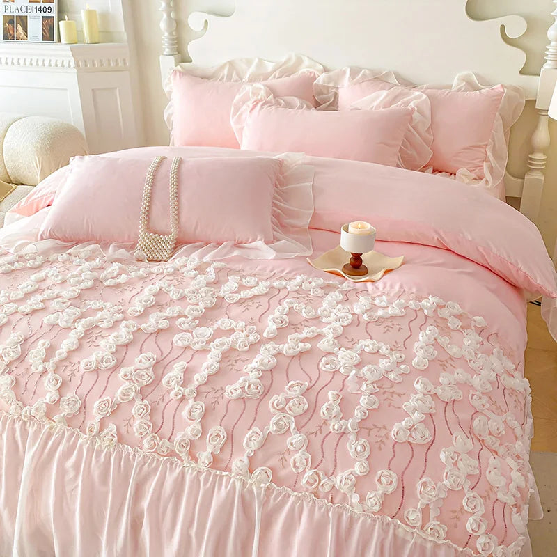 Luxury Pink Lace Design Bedding Set for Girls