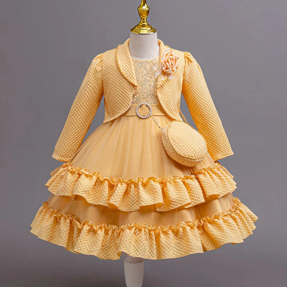 Little Girls Elegant Fluffy Princess Dress Set for Spring Autumn