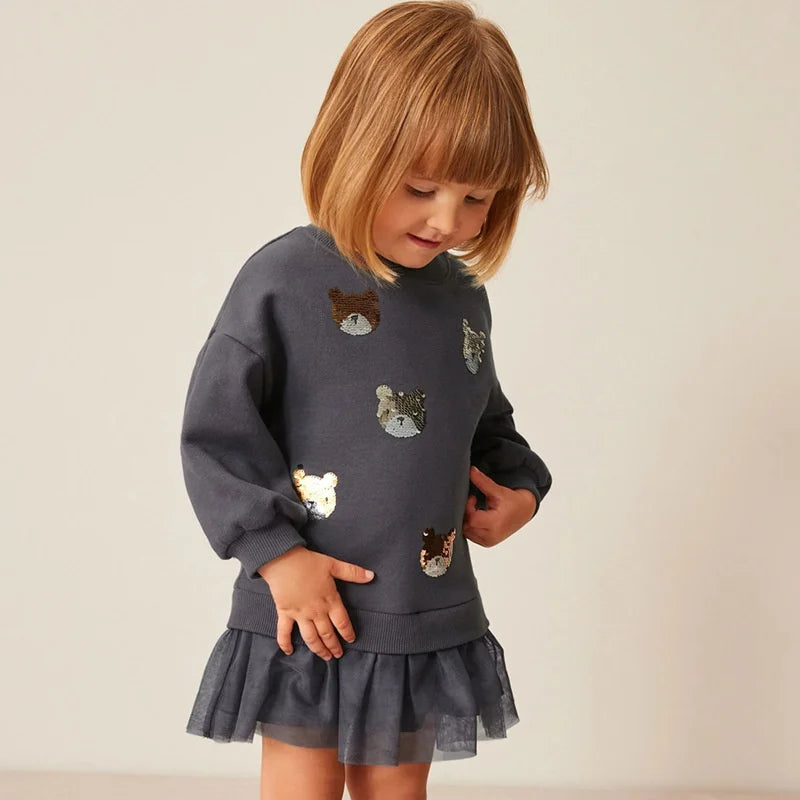 Kids Girls Bear Beading Long Sleeve Party Dresses childrensterritory
