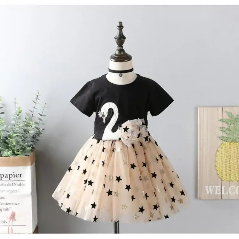 Kids Girls Swan T-Shirt + Sequin Skirts 2Pcs Outfit Set