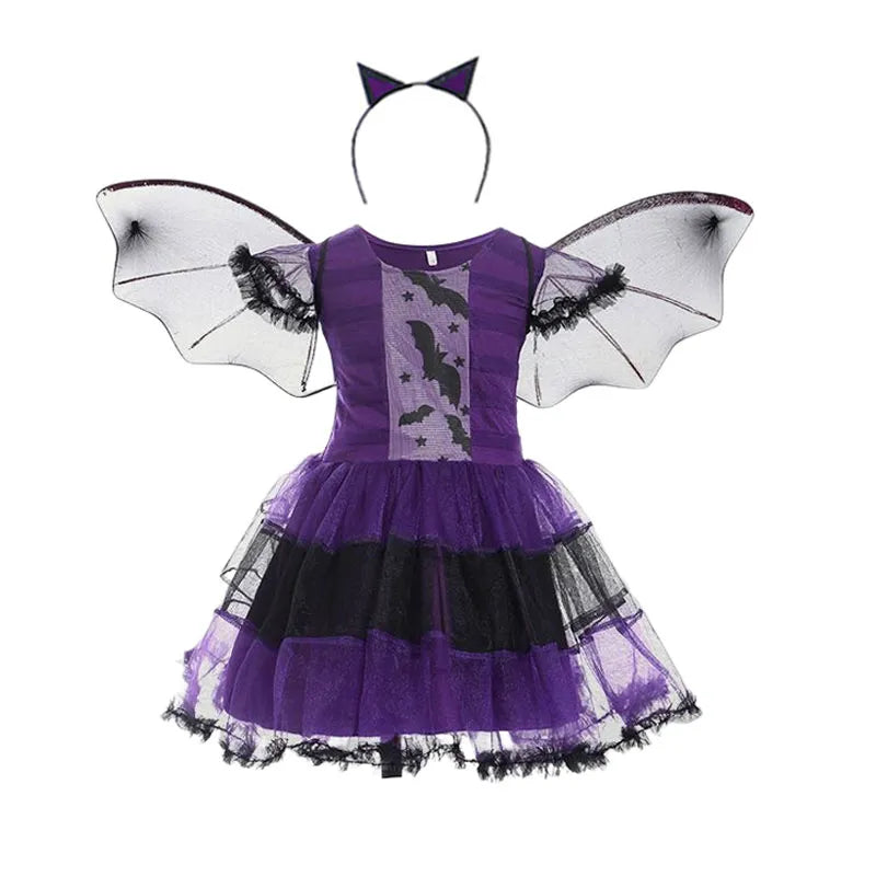 Kids Girls Vampire Witch Party Dress with Bag Headband Wings childrensterritory