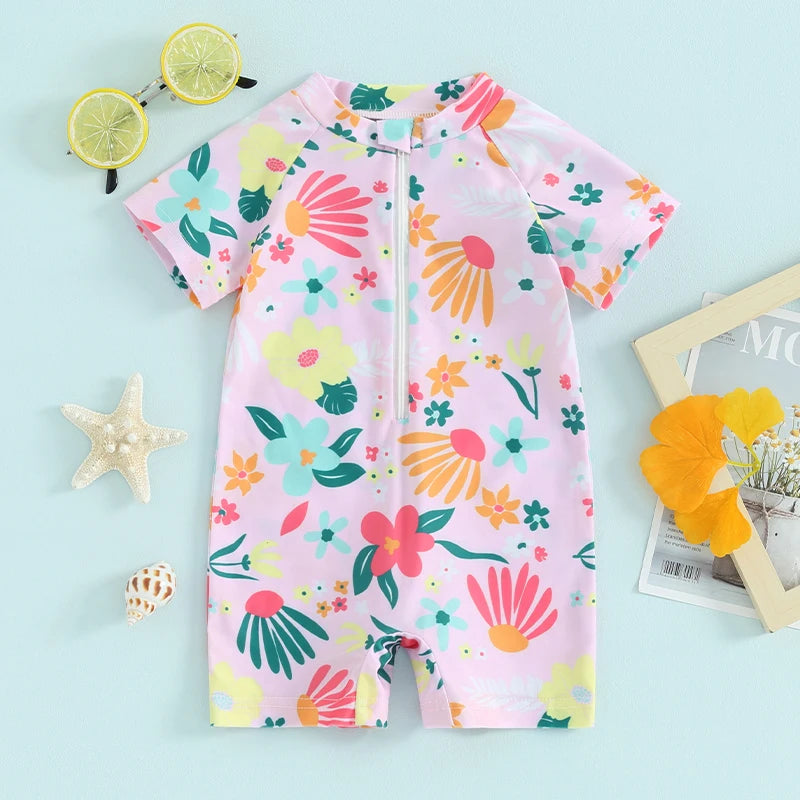 Short Sleeve Floral Print Kids Girls Rash Guard Swimsuit