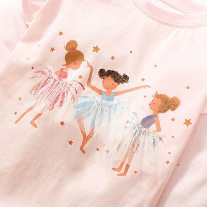 Kids Girls Cartoon Ballet Girls Print Cotton Top childrensterritory