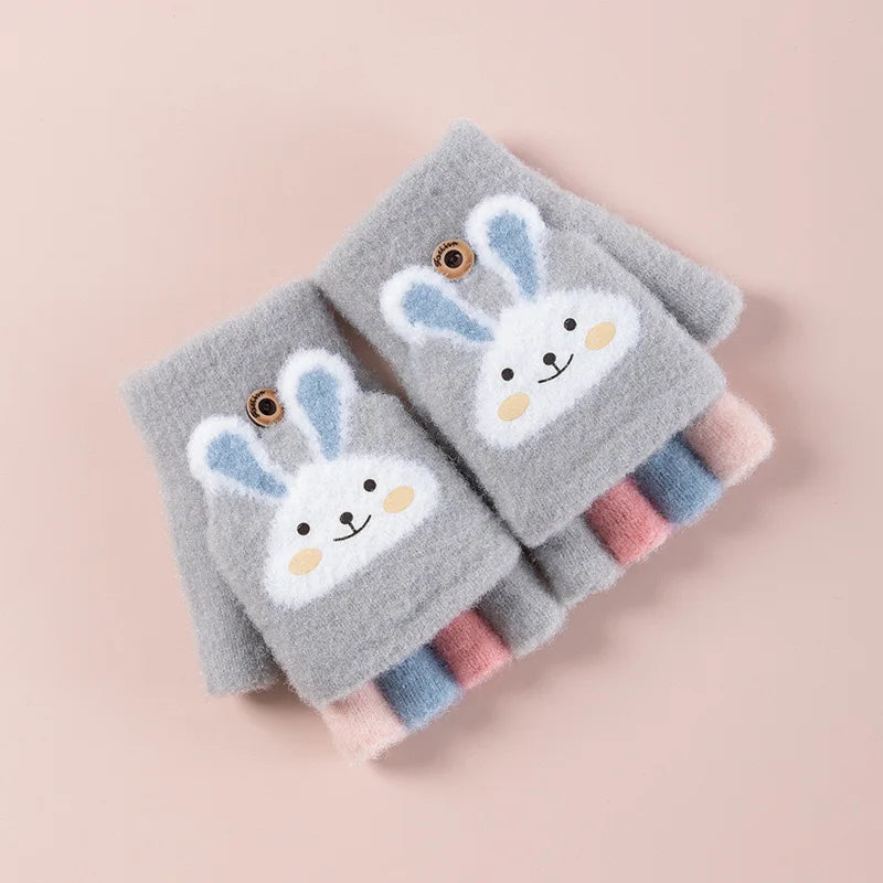 Cartoon Bunny Warm Half Finger Flip Gloves for Kids