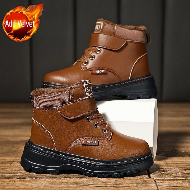 Kids Unisex High Top Fur And Laces Design Leather Shoes