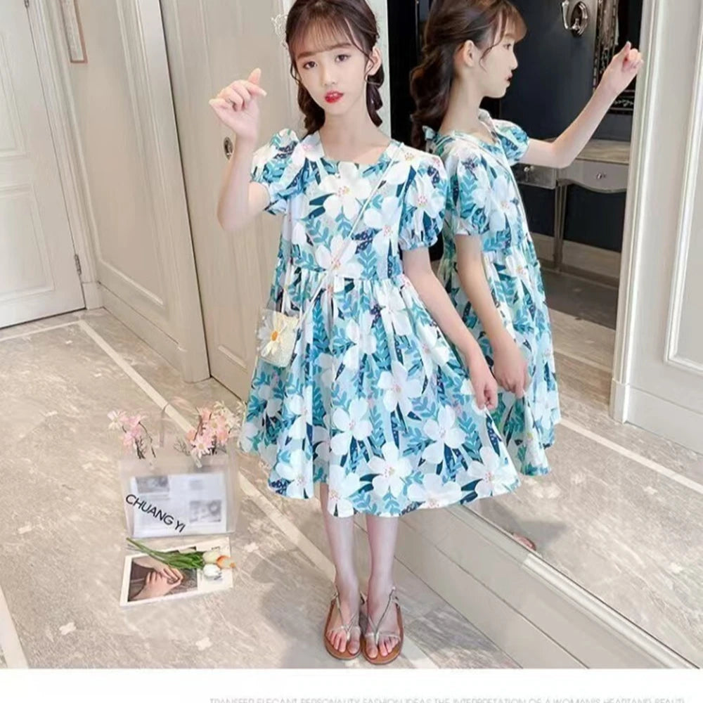 Young Girls' Floral Pattern Summer Party Dresses