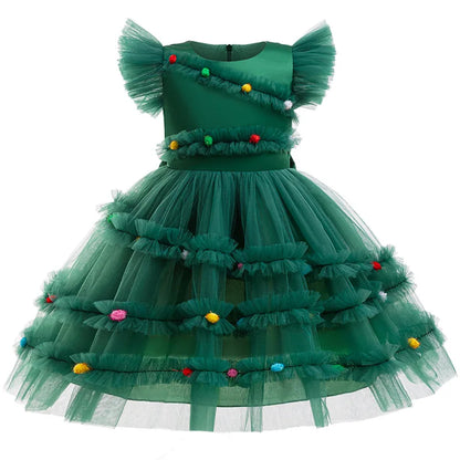Princess Girls Christmas Tree Mesh Party Dress childrensterritory