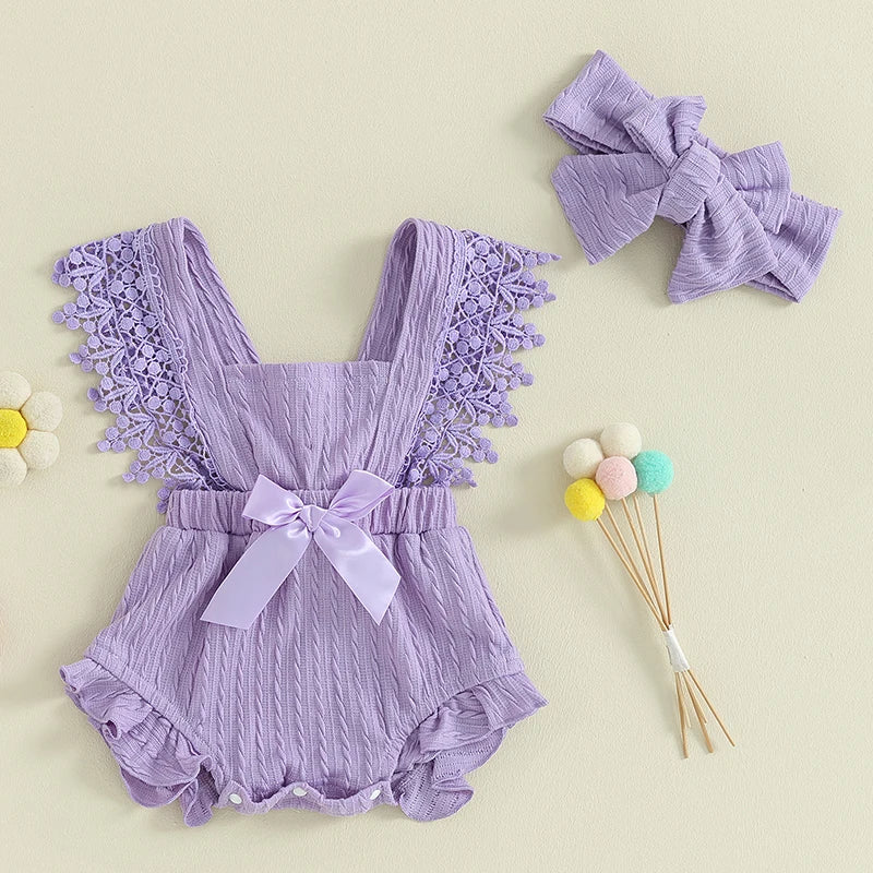 Baby Girl Cotton Linen Bow-knot Sleeveless Romper