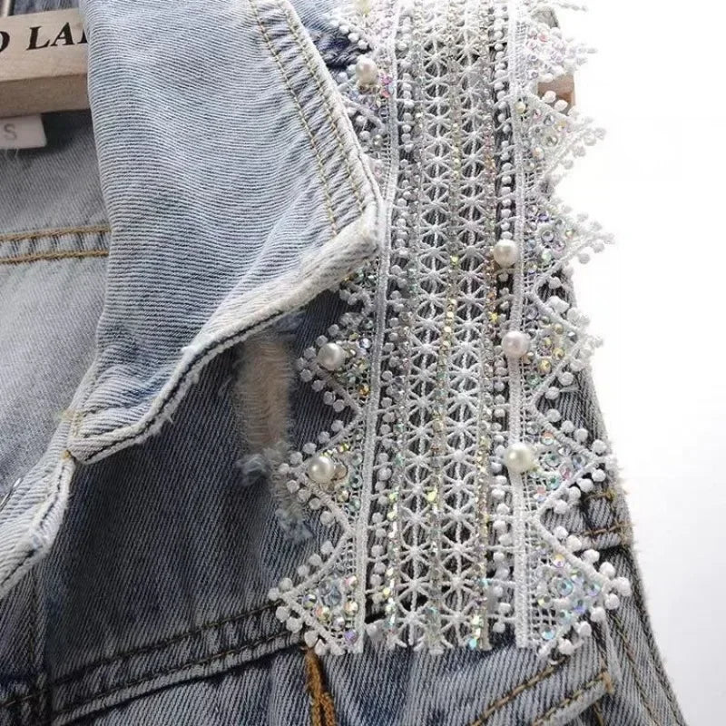 Loose Vintage Lace Beaded Design Denim Vest for Women