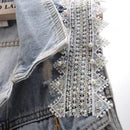 Loose Vintage Lace Beaded Design Denim Vest for Women childrensterritory