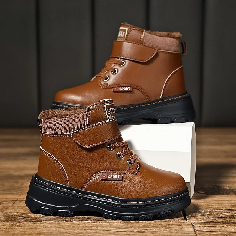 Kids Unisex High Top Fur And Laces Design Leather Shoes