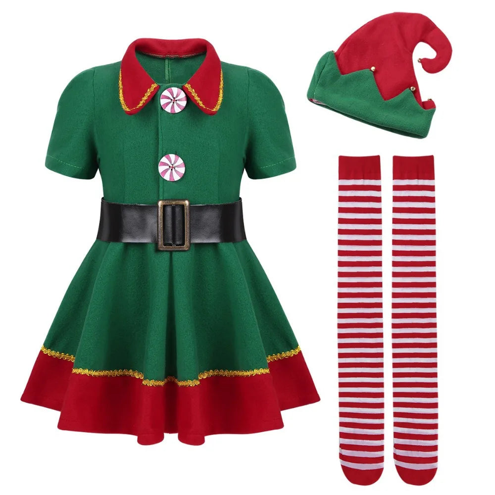 Kids Green Elf Santa Costume for Carnival Party