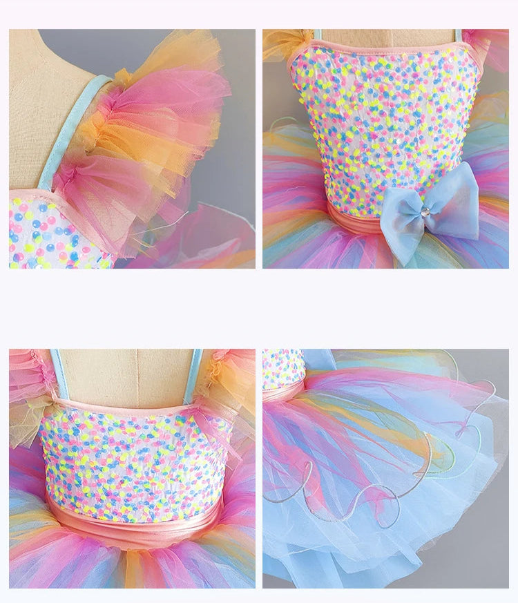 Kids Girls Rainbow Color Design Ballerina Dress