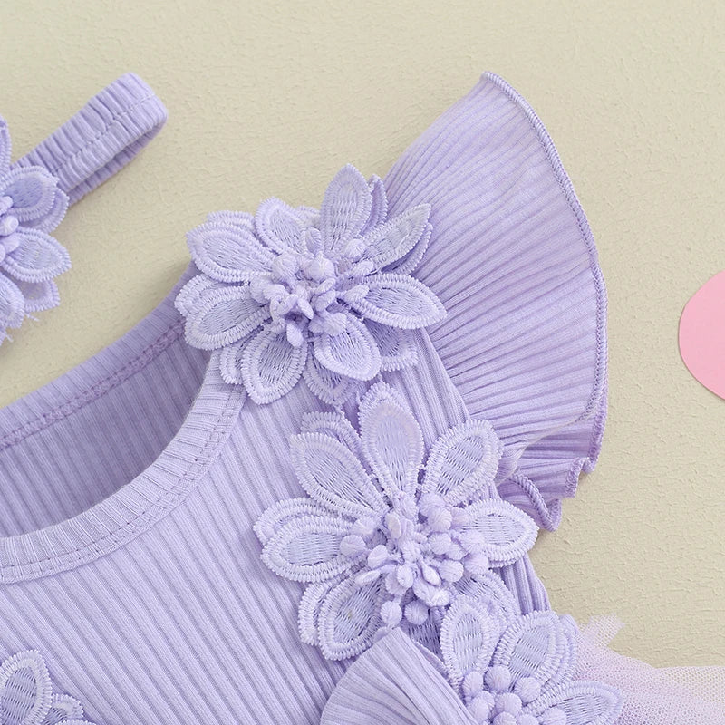 Newborn Girls Patchwork Ruffle Rompers Dress with Headband childrensterritory