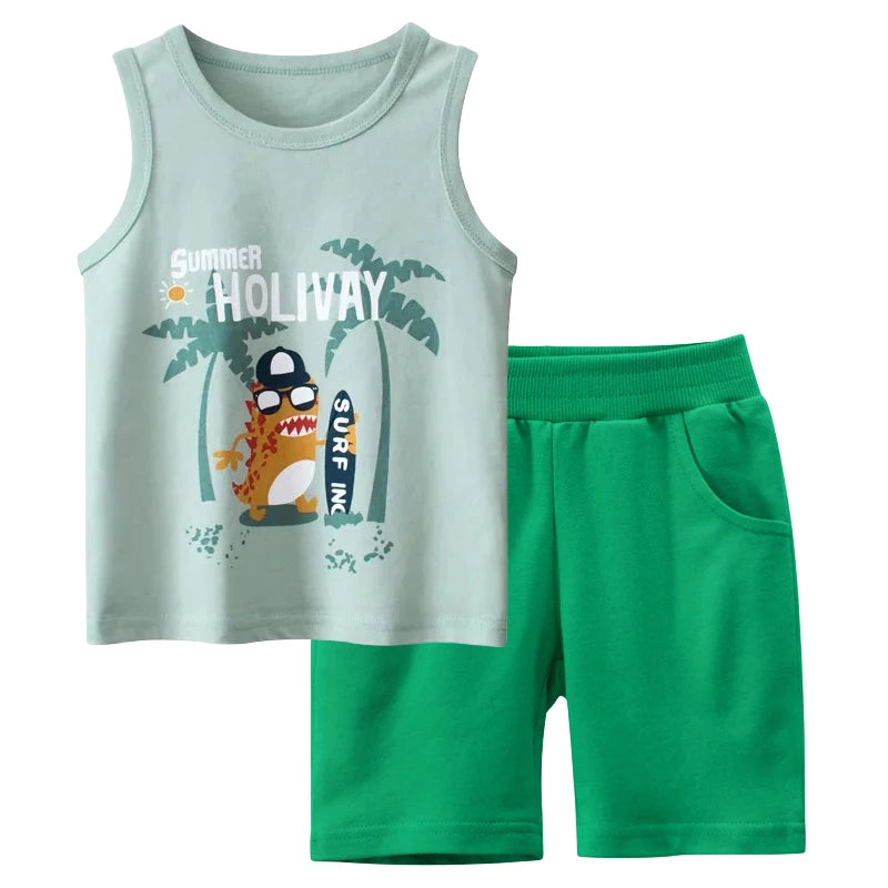 Cartoon Print  Sleeveless Vest Top + Shorts Summer Set for Kids Boys