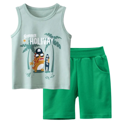Cartoon Print  Sleeveless Vest Top + Shorts Summer Set for Kids Boys