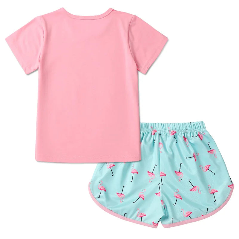 Kids Girls Cartoon Animal Print T-shirts Shorts Pajamas Set childrensterritory