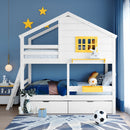 Hut Design Twin over Twin Bunk Bed with Window and Two Drawers childrensterritory