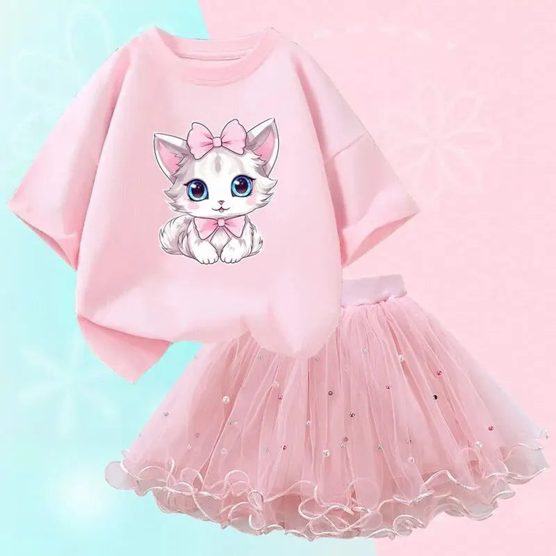 Little Girls Cute Cartoon Print T-Shirt &amp; Mesh Tutu Skirt Outfits