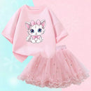 Little Girls Cute Cartoon Print T-Shirt & Mesh Tutu Skirt Outfits