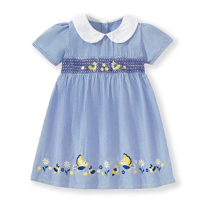 Girls Collar Design Birds Flowers Print Casual Summer Dresses childrensterritory