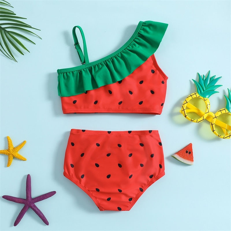 Watermelon Seeds Print Kid Girl Ruffle Bikini Set childrensterritory