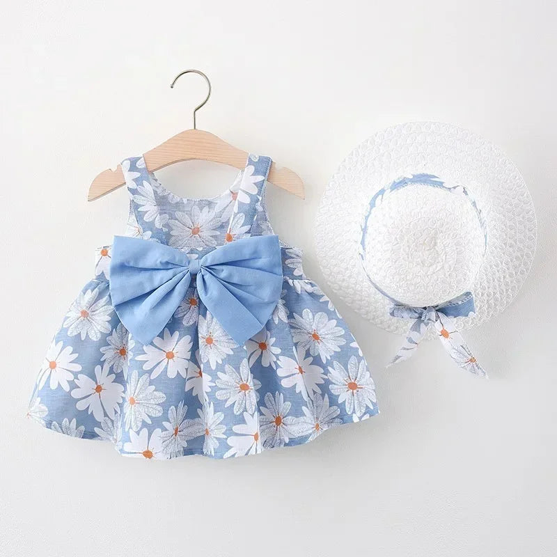 Sleeveless Bow Design Printed Summer Dresses For Girls