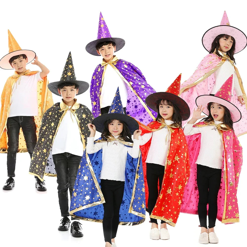 Kids Black Purple Red Carnival Cloak with Witch Hat