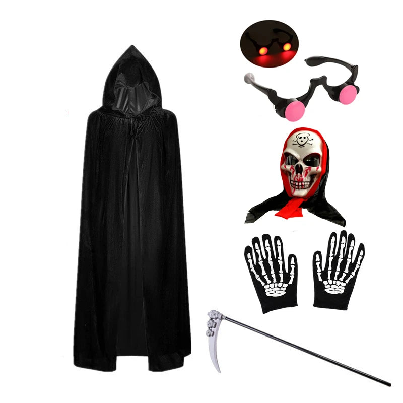 Halloween Death Black Cloak and Skeleton Costume Prop Set