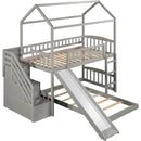 Kids' Wooden House Bunk Beds with Slide, Stairs, and Roof